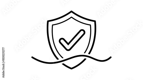 Black and white shield icon with checkmark, waterproof protection symbol, verified security graphic, minimal vector design, fluid-resistant certification, clean outline, safety assurance, product 