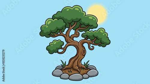 Stylized bonsai tree with green foliage, twisting trunk, stone ring base, serene nature scene, light blue sky, minimal vector art, harmony symbol, peaceful botanical landscape design