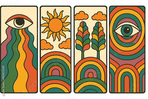 Vertical panels with retro psychedelic nature and abstract eye motifs