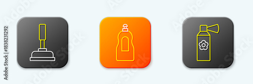 Set line Rubber plunger, Dishwashing liquid bottle and Air freshener spray icon. Vector