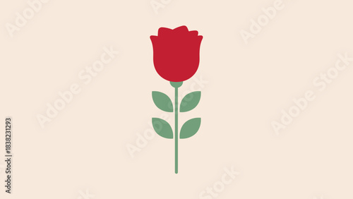 Stylized red rose with green leaves, romantic flower icon, minimal vector illustration, love symbol, botanical graphic, beige background, elegant design, nature-inspired art, decorative floral element