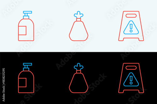 Set line Wet floor, Dishwashing liquid bottle and Garbage bag icon. Vector