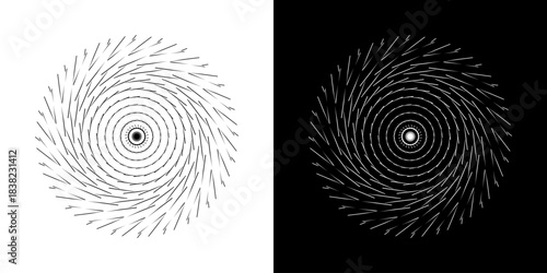 Dynamic abstract spiral sound wave rhythm lines. Circular spiral sound wave rhythm of lines. Circular futuristic abstract lines, black and white background.	