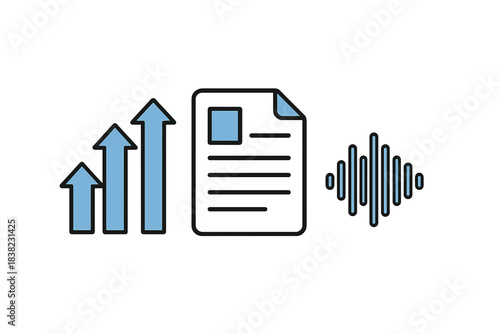Business data analysis with upward trending statistics and audio waveform