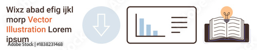 Education, data analysis, knowledge sharing, research, training, online learning. Icons of a download symbol, bar graph and open book. Education and data analysis visualization concept