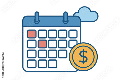 Calendar date marking with floating dollar coin and cloud icon