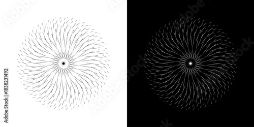 Dynamic abstract spiral sound wave rhythm lines. Circular spiral sound wave rhythm of lines. Circular futuristic abstract lines, black and white background.	