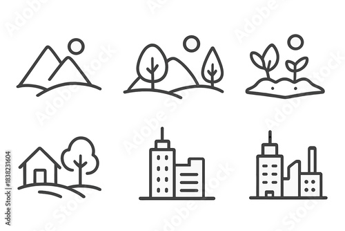 Collection of line icons for nature landscapes and urban city environments