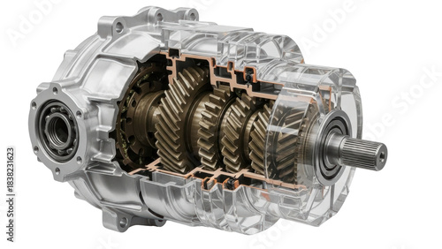 Foto Isolated transmission box with cutaway showing the gears and shaft, complex mach