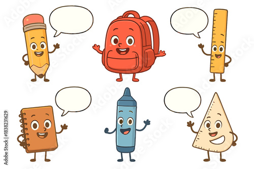 Charming anthropomorphic school objects with blank speech bubbles