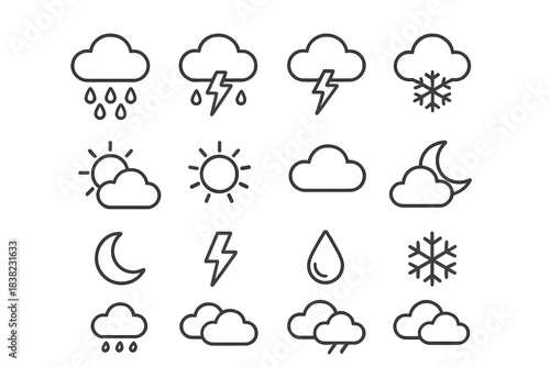 Basic outline weather forecast icons for meteorology and climate conditions