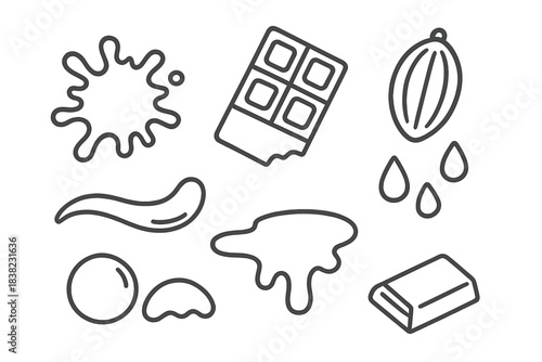 Chocolate and cocoa line icons with liquid splashes and drips