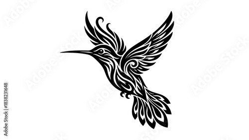 Stylized black and white hummingbird in flight, tribal-inspired bird icon, intricate vector design, bold decorative lines, nature symbol, agility and beauty representation, minimal animal graphic