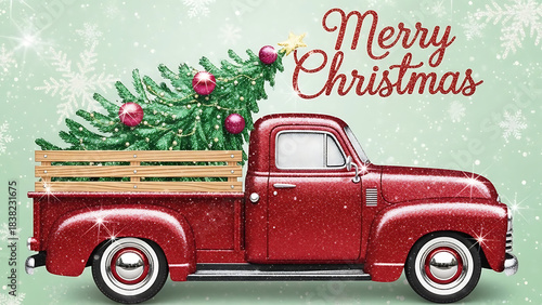Merry Christmas Vintage Truck Carrying A Christmas Tree Festive Greeting Card
