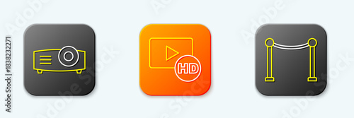 Set line Movie, film, media projector, Hd movie, tape, frame and Rope barrier icon. Vector