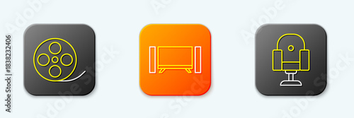 Set line Film reel, Smart Tv and Director movie chair icon. Vector