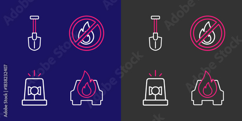 Set line Burning car, Flasher siren, No fire and Fire shovel icon. Vector