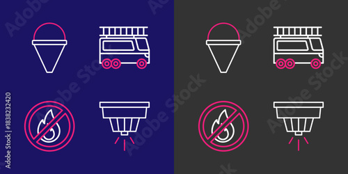 Set line Smoke alarm system, No fire, Fire truck and cone bucket icon. Vector