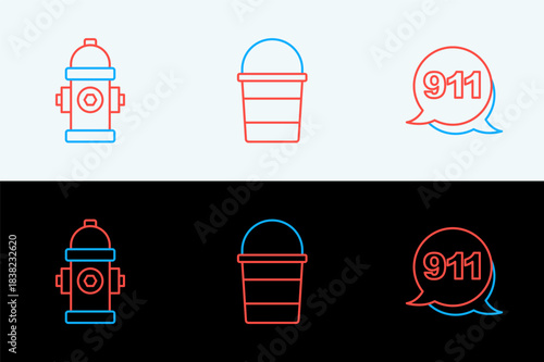 Set line Emergency call 911, Fire hydrant and bucket icon. Vector