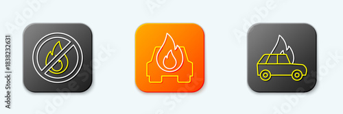 Set line No fire, Burning car and icon. Vector