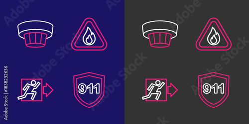 Set line Emergency call 911, Fire exit, flame in triangle and Smoke alarm system icon. Vector
