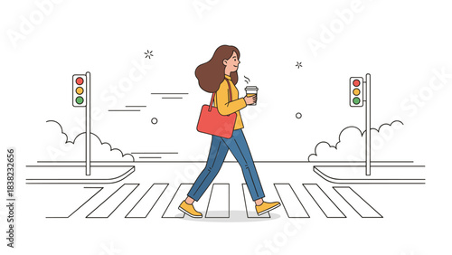 Young hispanic female walking with coffee on city crosswalk in casual outfit