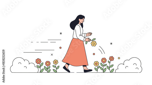 Asian female adult walking among flowers in a garden scene with motion lines