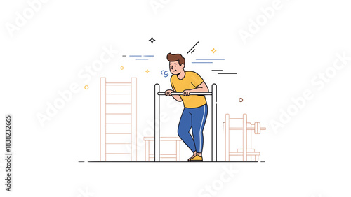 Young caucasian male doing parallel bars exercise in gym illustration