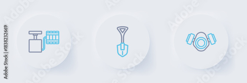 Set line Gas mask, Shovel and Handle detonator icon. Vector