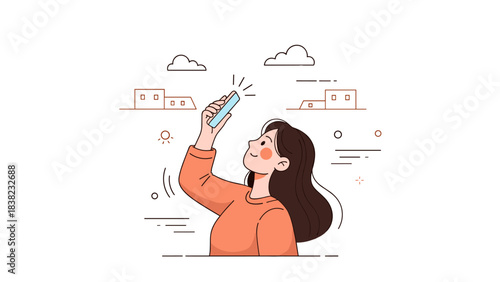 Young hispanic female using smartphone outdoors with cloudy sky background