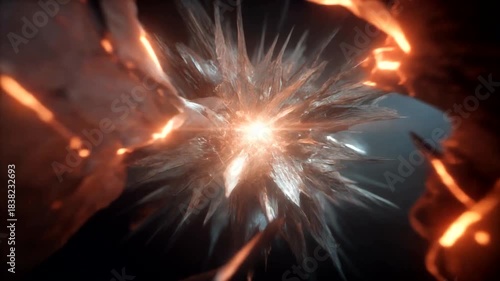 Abstract crystallisation with core ignition, a striking visual of inner power and emergent forms