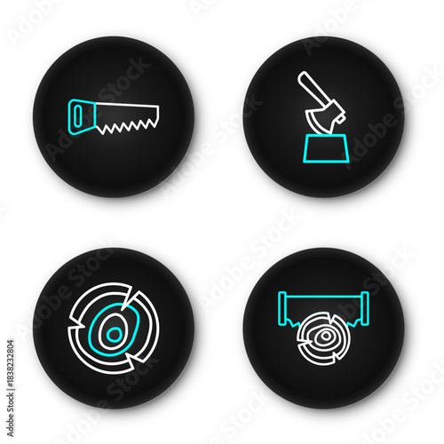 Set line Two-handed saw and log, Wooden logs, axe in stump and Hand icon. Vector