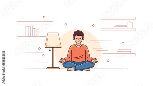 Young caucasian male practicing meditation indoors with calm expression