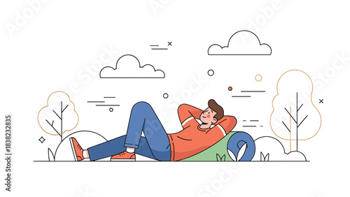 Young caucasian male relaxing outdoors on a sunny day with clouds and trees