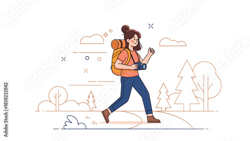 Young caucasian female photographer hiking with camera in scenic outdoor illustration