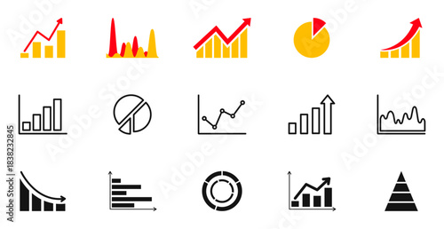 Set of business graph and charts icons. Business data charts. Graphs, diagrams, schemes, infographic, analytic report for financial analytic. Statistics, data, growth, falling and pie chart icons set.