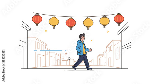 Asian teen male walking under lanterns in urban setting