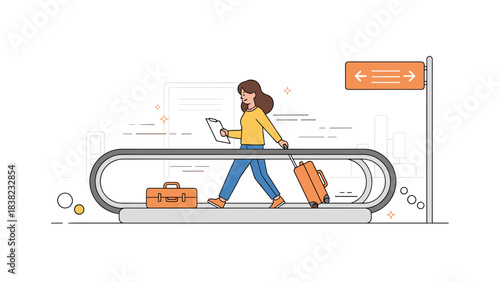 Young caucasian female traveling with luggage on airport conveyor