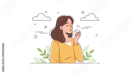 Young caucasian female enjoying nature with calm expression and simple background