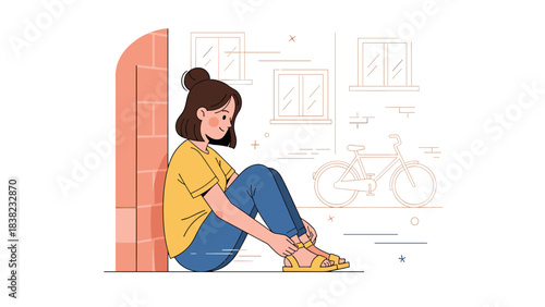 Young caucasian female relaxing outdoors with bicycle in urban setting