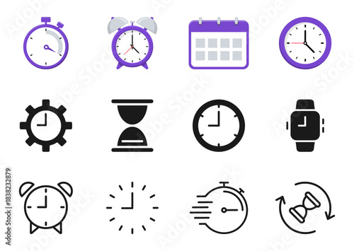 Time and Clock linear icons set. Timer, watch, speed, calendar, alarm clock, date and time management. Editable stroke. Vector illustration.