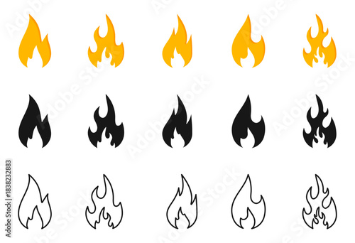 Fire icon set. Flat, glyph and line fire icons. Hot flaming elements. Campfire pictogram. Design elements collection.