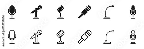 Microphone icon set. Mic icons. Icons podcast, voice recognition and record. Vector Illustration.