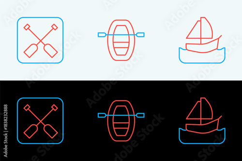 Set line Yacht sailboat, Paddle and Boat with oars icon. Vector