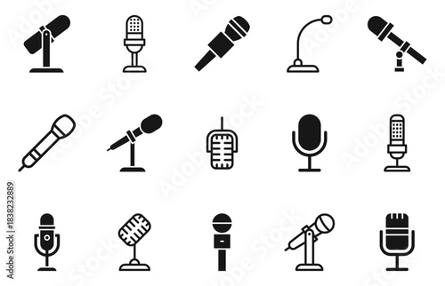 Microphone icon set. Mic icons. Icons podcast, voice recognition and record. Vector Illustration.