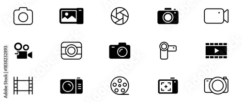 Camera icon set. Photography icons. Multimedia icons - photo and video. Devices icons. Vector illustration.