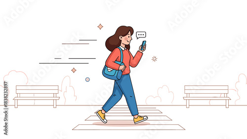 Young female caucasian adult walking with smartphone on crosswalk