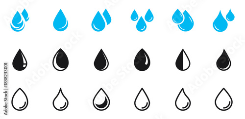 Water drop icon set. Blue, black and line droplet icons collection. Drop shape icons. Blood or oil drop icon. Plumbing logo. Vector illustration.