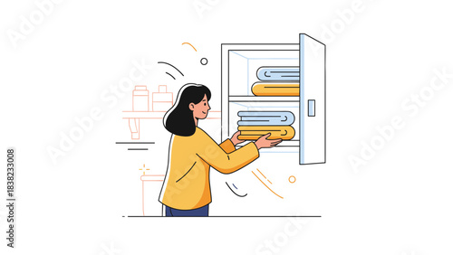 Asian female adult organizing towels in closet with open door
