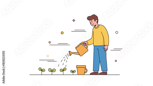 Young caucasian male watering plants with watering can in minimalist illustration